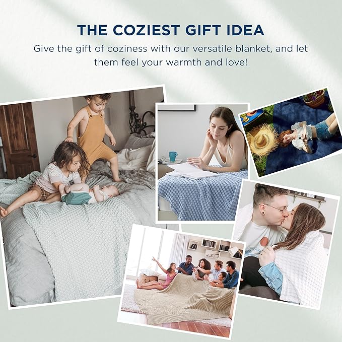 Bedsure Cooling Cotton Waffle Queen Size Blanket - Lightweight Breathable Summer Blanket of Rayon Derived from Bamboo for Hot Sleepers, Luxury Throws for Bed, Couch and Sofa, Fog Blue, 90x90 Inches