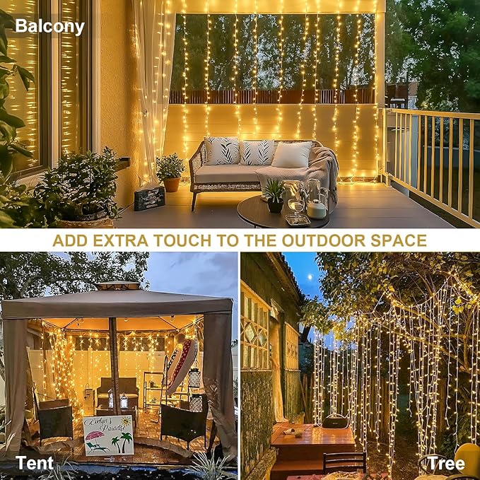 JMEXSUSS 300 LED Remote Control Christmas Curtain Lights, Plug in Fairy Curtain Lights Outdoor, Window Wall Hanging String Lights for Bedroom Backdrop Wedding Party Indoor Patio Xmas Decor, Warm White