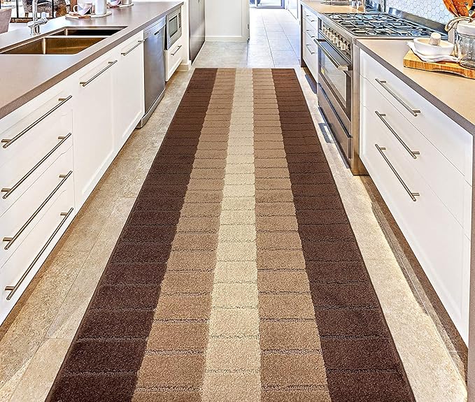 Custom Size Modern Geometric Pattern Carpet Runner Rug for Hallways, Slip Resistant Latex Rubber Backed, 31 inch Wide X Customized Length, Squares Brown, 31 inch X 10 feet