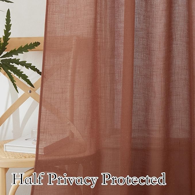 RYB HOME Terracotta Curtains Linen Blend Fall Drapes Semi Sheer Light Filtering Privacy Protected Window Curtains for Living Room, Bedroom, Home Office, Doorway, W 52 x L 84, 2 Panels Set
