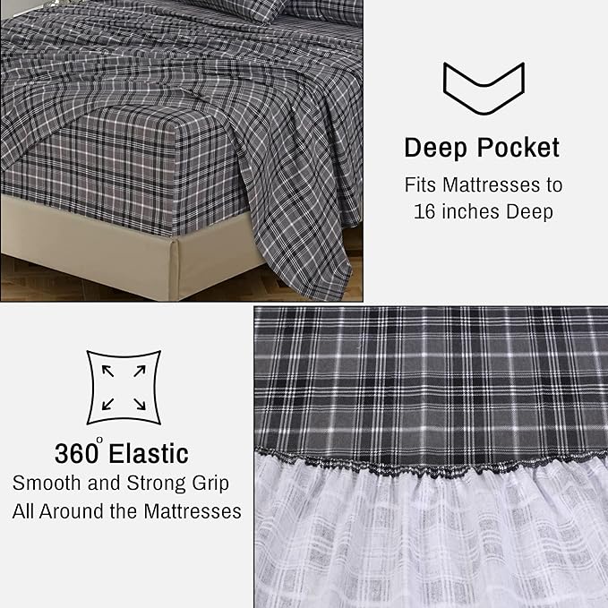 RUVANTI Flannel Sheets Split King Size - 100% Cotton Brushed Split King Bed Sheets Set, Deep Pockets 16 Inches, All Seasons Breathable & Extra Soft, Warm & Cozy, 5 Piece, Grey Plaid