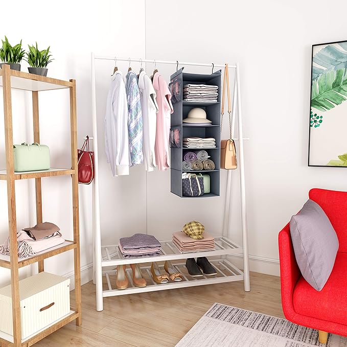 MAX Houser 5 Shelf Hanging Closet Organizer, Space Saver, Cloth Hanging Shelves with 4 Side Pockets, Foldable, Grey