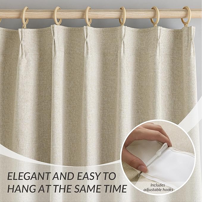 KangBang 95 Inch Beige Blackout Curtains Pinch Pleated Drapes for Living Room, Energy Efficient Linen Textured Window Panels for Bedroom Dorm, Soft & Vertical Home Decor, Natural Beige,52x95