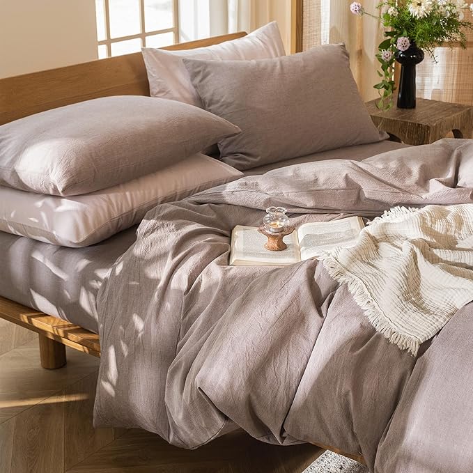 MooMee Bedding Duvet Cover Set 100% Washed Cotton Linen Like Textured Breathable Durable Soft Comfy (Heathered Mauve Brown, Oversized Queen 98"x98")