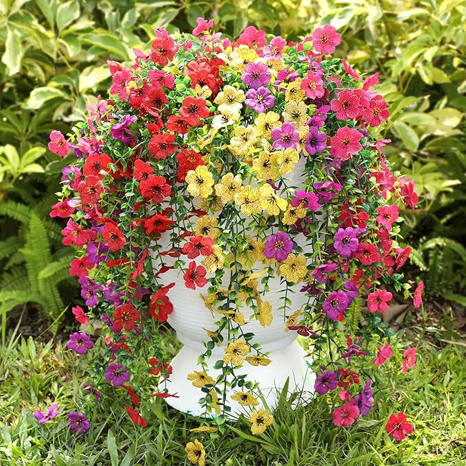 Artificial Hanging Flowers for Outdoors Faux Plants for Spring Summer Decoration,6 Bundles UV Resistant Realistic Silk Flowers Indoor Outside Garden Porch Patio Balcony Yard Farmhouse