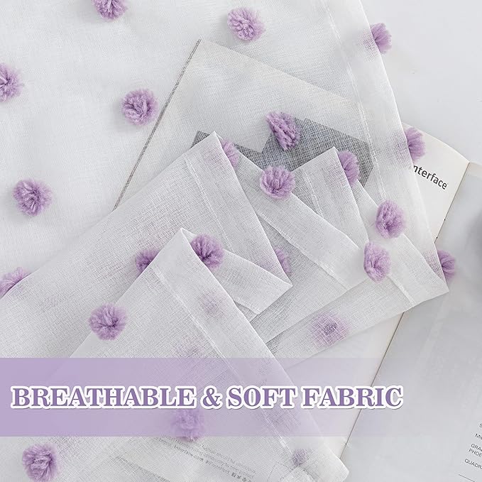 MYSKY HOME Short Curtains for Girls Bedroom Purple Pom Pom White Semi Sheer Curtains Kitchen Bathroom 54 Inches Long Curtains Nursery Boys Kids Room Rod Pocket 2 Panels Small Window 52" x 54"
