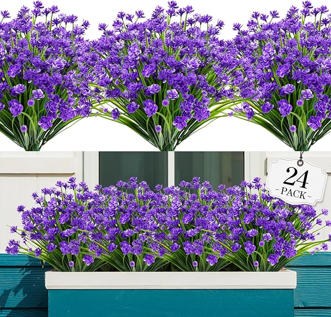 AGIRL 24 Bundles Artificial Flowers for Outdoor,No Fade Fake Plastic Flowers Faux Plants for Decoration Hanging Planters Indoor Outside Garden Porch Window Box Home Wedding Farmhouse