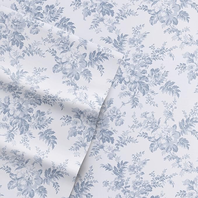 Laura Ashley - Flannel Sheets King Size, Anti-Pilling & Wrinkle Resistant Cotton, Touchably Soft for All-Season Comfort - Bed Sheets with Matching Pillowcases & Fitted Sheet (Vanessa Blue)