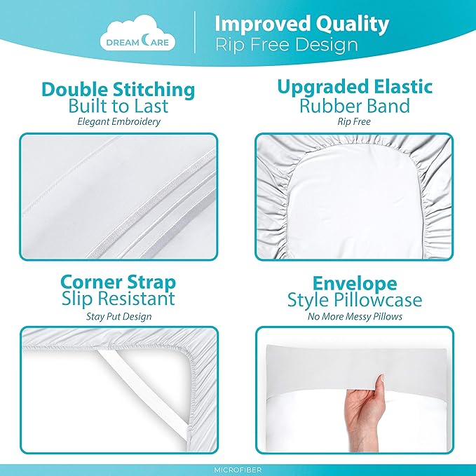 DREAMCARE Twin Sheets Set – 3pcs Cooling Sheets – up to 15” Deep Pocket Twin Sheet Set – Hotel Luxury Sheets & Pillowcases – Superior Softness 100% Fine Microfiber with Side Pocket – White
