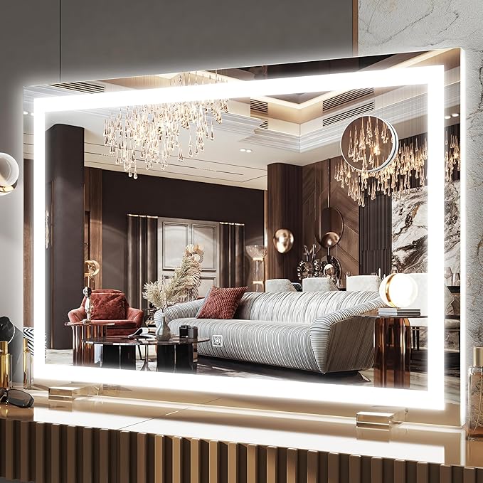 FENNIO Makeup Mirror with Lights 23"x32" ，LED Makeup Mirror ，Large Vanity Mirror with Lights，Touch Sensor with Dimmable 3 Modes, Square White