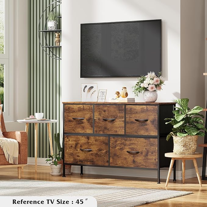 WLIVE Dresser for Bedroom with 5 Drawers, Long Fabric Dresser, Storage Drawer Unit with Fabric Bins for Closet, Hallway, Rustic Brown Wood Grain Print, Size L