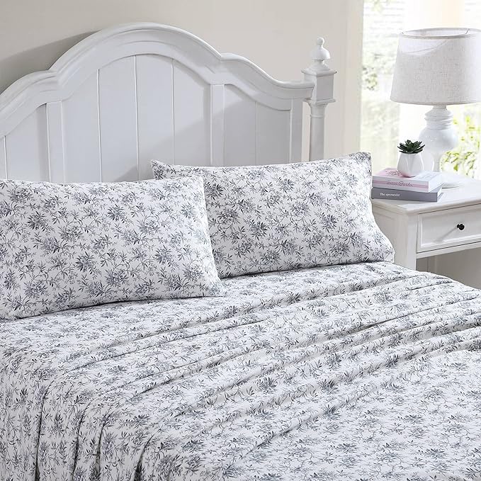 Laura Ashley - Flannel Sheets Queen Size, Anti-Pilling & Wrinkle Resistant Cotton, Touchably Soft for All-Season Comfort - Bed Sheets with Matching Pillowcases & Fitted Sheet (Faye Toile Black)