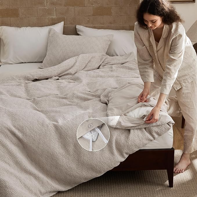 Bedsure Waffle Duvet Cover King - 100% Cotton Duvet Cover Linen Color, Space-Dyed for Enhanced Bedroom Aesthetics, GentleSoft™ and Stylish All-Season, 3-Piece Bedding Set with Button Closure, 104"x90"