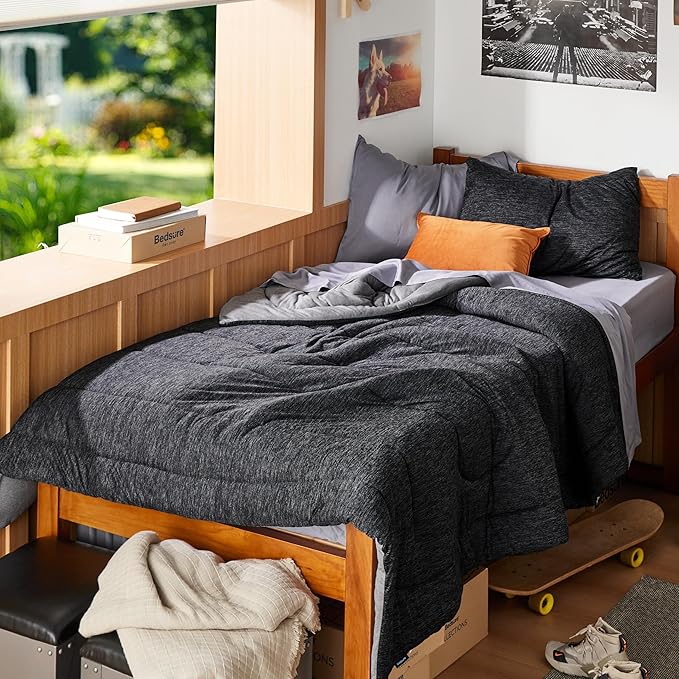 Bedsure Twin/Twin XL Comforter Set - Cooling and Warm Bed Set, Charcoal Black Reversible Bedding for All Season, 2 Pieces, 1 Twin/Twin XL Size Comforter (68"x88") and 1 Pillow Case (20"x26")