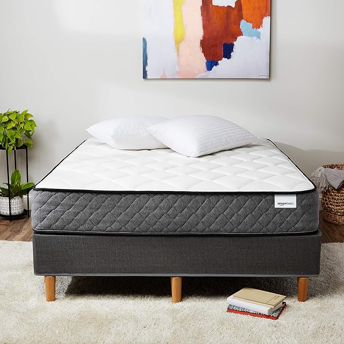 Amazon Basics Memory Foam Mattress, Full Size Mattress, Hybrid, 10 Inch, Medium Feel, Motion Isolation Springs, White/Gray