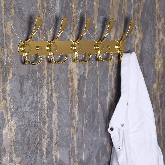 Dseap Coat Rack Wall Mounted - 5 Tri Hooks, Heavy Duty, Stainless Steel, Metal Coat Hook Rail for Coat Hat Towel Purse Robes Mudroom Bathroom Entryway (Gold, 2 Packs)