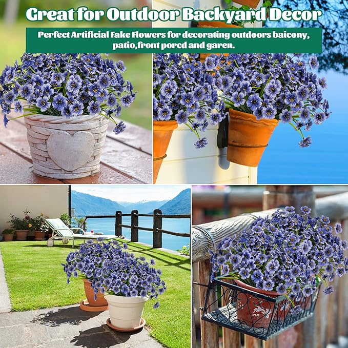 Lnoicy 12 Pcs Artificial Flowers for Outdoor,Plastic Flowers Decoration, UV Resistant Faux Flowers Shrubs, Artificial Plants for Indoor Outside Garden Home Wedding Farmhouse(Blue)