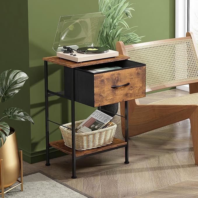 WLIVE Nightstand Set of 2, End Table with Fabric Storage Drawer and Open Wood Shelf, Bedside Furniture with Steel Frame, Side Table for Bedroom, Dorm, Rustic Brown Wood Grain Print, 25.03" Height