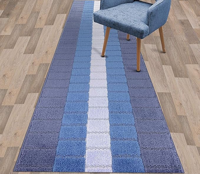 Custom Size Coastal Nautical Style Runner Rug Carpet for Hallway Entryway, Slip Resistant Latex Rubber Backed, 31 inch Wide X Customized Length, Squares Blue, 31 inch X 31 feet