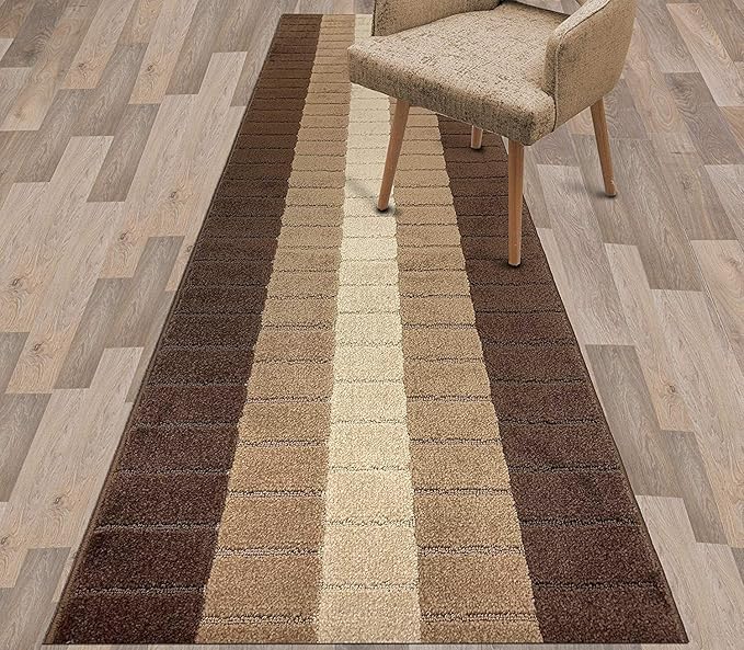 Custom Size Modern Geometric Pattern Carpet Runner Rug for Hallways, Slip Resistant Latex Rubber Backed, 31 inch Wide X Customized Length, Squares Brown, 31 inch X 11 feet