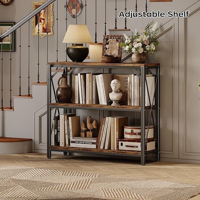 Homeiju Console Table 31.5" Width, 3-Tier Entryway Table with Storage, Industrial Sofa Table with Open Shelves, Foyer Tables for Entryway, Hallway, Kitchen, Living Room and Bedroom, Rustic Brown