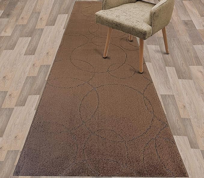 Custom Size Modern Geometric Pattern Carpet Runner Rug for Hallways, Slip Resistant Latex Rubber Backed, 31 inch Wide X Customized Length, Circles Brown, 31 inch X 21 feet