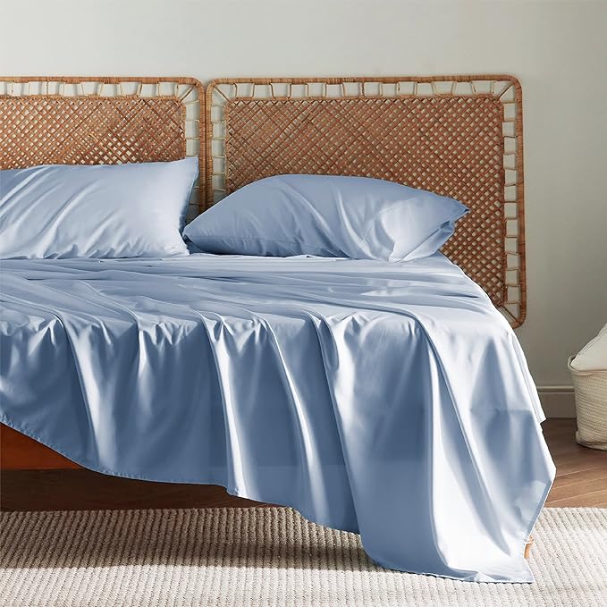 Bedsure Queen Sheet Set, Cooling Sheets for Queen Size Bed Set, Rayon Derived from Bamboo, Breathable & Soft, Deep Pocket, Hotel Luxury Silky Bedding for Hot Sleepers, Dusty Blue