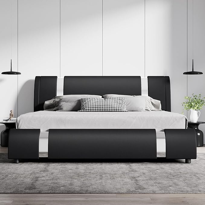 SHA CERLIN King Size Bed Frame with Iron Pieces Decor and Adjustable Headboard/Deluxe Upholstered Modern Platform Bed with Solid Wooden Slats Support/No Box Spring Needed, Black