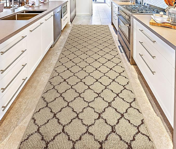 Custom Size Modern Runner Rug Carpet for Hallway Entryway Foyer Kitchen, Slip Resistant Latex Rubber Backed 31 inch Wide X Customized Length, Trellis Beige, 31 inch X 12 feet
