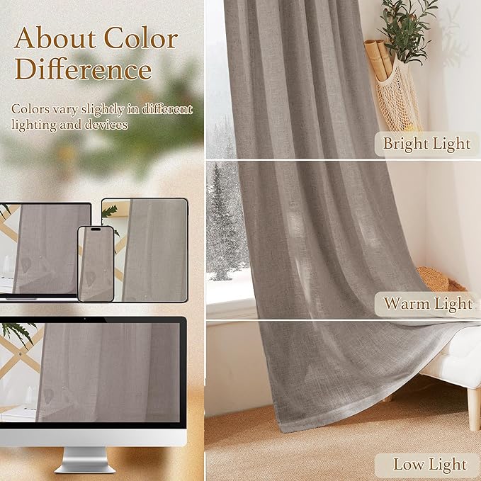 RYB HOME Sheer Curtains 95 inches Long - Linen Texture Semi Sheer Draperies Light Airy Breezy Window Decor for Sun Room Hotel Office Dorm Open House Bedroom, Birch Brown, W 52 x L 95, 2 Pcs