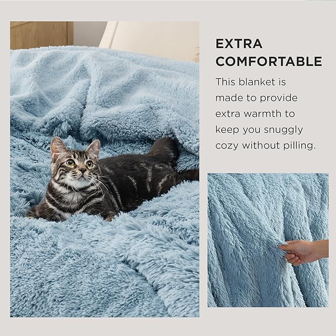 Bedsure GentleSoft Fluffy Light Blue Blankets Queen Size for Bed, Thick Sherpa Faux Fur Fleece Fuzzy Plush Winter Warm Soft Full Queen Blankets, Bedroom Decor Blue Cozy Gifts for Women Men, 90x90