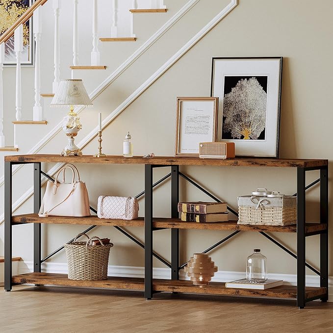 IRONCK Rustic Entryway Console Table, Long Hallway Table 70.8 in 3-Tier, TV Stand Entertainment Center Media Stand for Living Room, Industrial Style, Vintage Brown