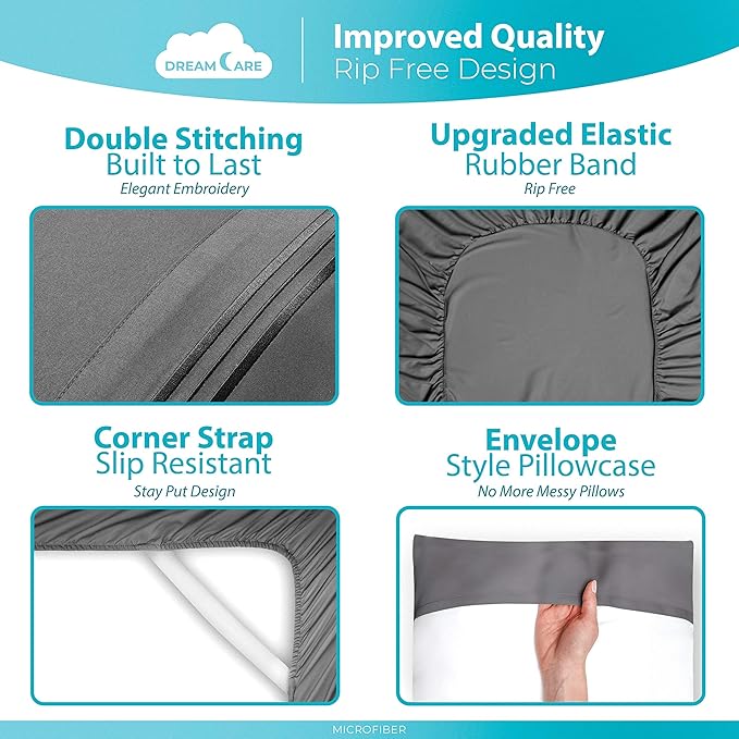DREAMCARE Twin Sheets - Cooling Bed Sheets - 4pcs Set - Twin Bed Sheets - Twin Sheet Set - Bed Sheets Twin Soft & Long Lasting 100% Fine Brushed Polyester with Side Pocket - Gray