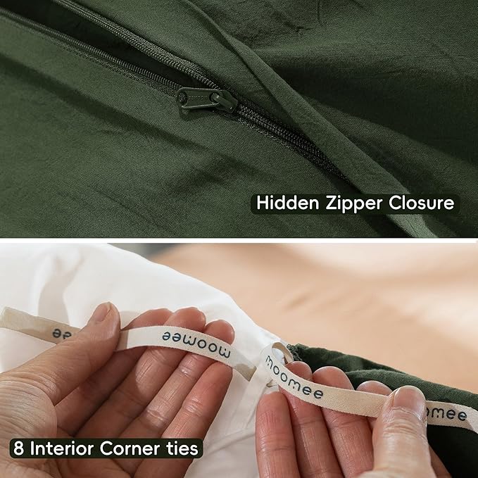 MooMee Bedding Duvet Cover Set 100% Washed Cotton Linen Like Textured Breathable Durable Soft Comfy (Solid Forest Green, Alaska King 132"x120")