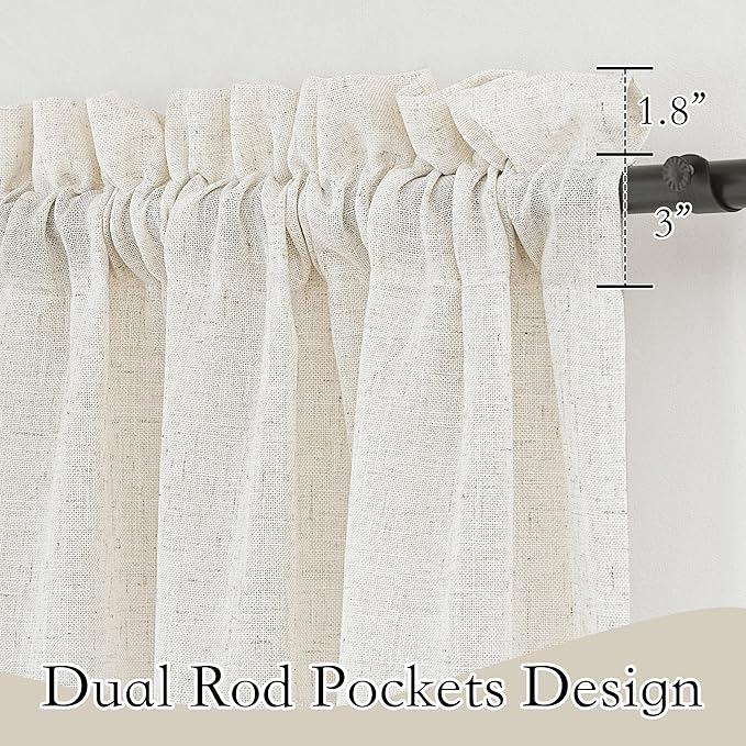 RYB HOME Flax Linen Blend Curtains - Semi Translucent Privacy Kitchen Valances, Light Glare Control Short Small Window Curtains for Bathroom Closet RV, 52" W x 36" L, 2 Pcs, Linen