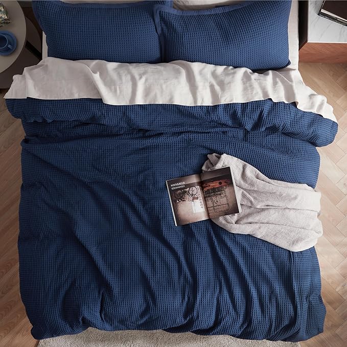 Bedsure Cotton Duvet Cover King - 100% Cotton Waffle Weave Navy Blue Duvet Cover King Size, GentleSoft™ and Breathable Bedding Set for All Season, 3 Pieces, 104"x90"