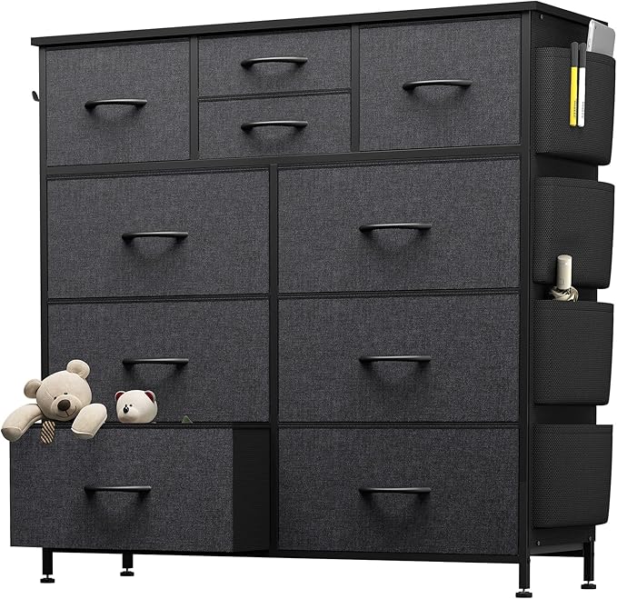 10 Drawer Dresser, Chest of Drawers for Bedroom, Fabric Dresser Drawers with Side Pockets, Hooks, Wooden Top and Sturdy Metal Frame for Living Room, Closet, Hallway, Nursery (Grey)