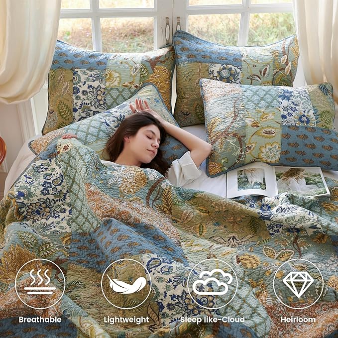 Secgo Queen Comforter Set for Bed - 100% Cotton Quilts Queen Size, Green, Sage Bedspreads (90 * 98 Inch) with 2 Pillow Shams, Patchwork Reversible Lightweight Bedding