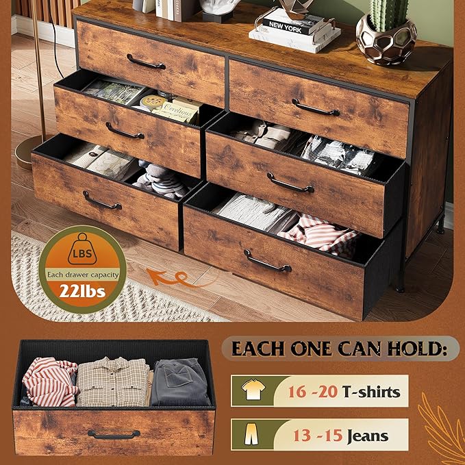 WLIVE 6 Drawer Dresser for Bedroom Large, Fabric Wide Dresser TV Stand for 50, 55, 60 inch TV, Big Long Chest of Drawers with Deep Drawer for Closet, Bedroom, Living Room, Hallway, Rustic Brown