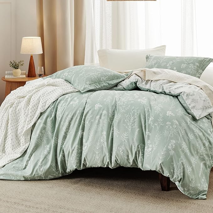 Bedsure Queen Comforter Set - Sage Green Bed Set, 3 Pieces Cute Floral Bedding, 1 Soft Reversible Botanical Flowers Comforter and 2 Pillow Shams