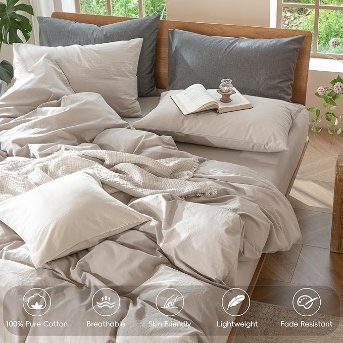 MooMee Bedding Duvet Cover Set 100% Washed Cotton Linen Like Textured Breathable Durable Soft Comfy (Solid Light Tan, Super King 108"x98")