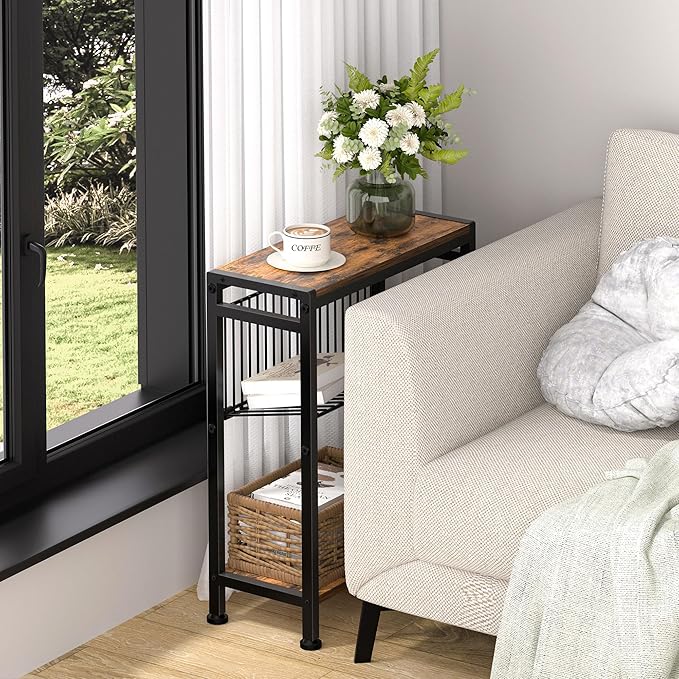 Small Side Table Set of 2 for Small Space, 3-Tier Narrow End Table with Magazine Holder, Slim Nightstand, Skinny Snack Couch Table in Living Room, Bedroom and Balcony (Rustic Brown &Black)