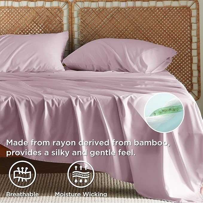 Bedsure King Size Sheets Set, Cooling Sheets for Hot Sleepers, Rayon Derived from Bamboo, Breathable & Soft, Deep Pocket Up to 16 Inches, Hotel Luxury Silky Bedding, Lavender