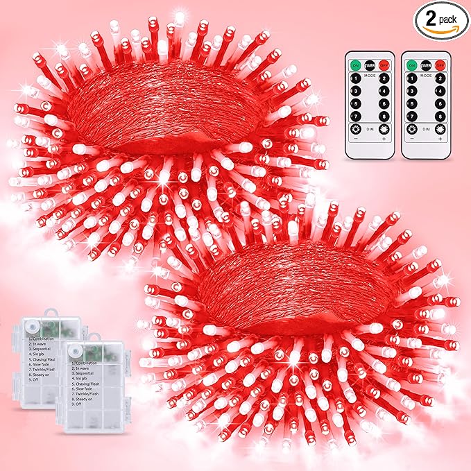 JMEXSUSS 2 Pack Red and White Battery Christmas Lights, Each 33ft 100 LED Battery Powered String Lights with Remote for Tree Patio Yard House Party Birthday Outside