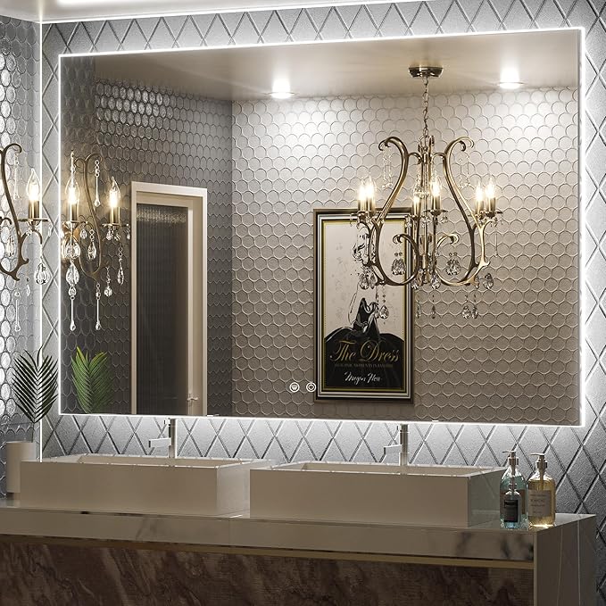 Keonjinn Bathroom Mirror with Lights 60 x 40 Inch, LED Mirror with Backlit, Anti Fog Lighted Mirror with Stepless Dimmable, UL Listed LED Driver, Waterproof, CRI90+, HD Tempered Glass
