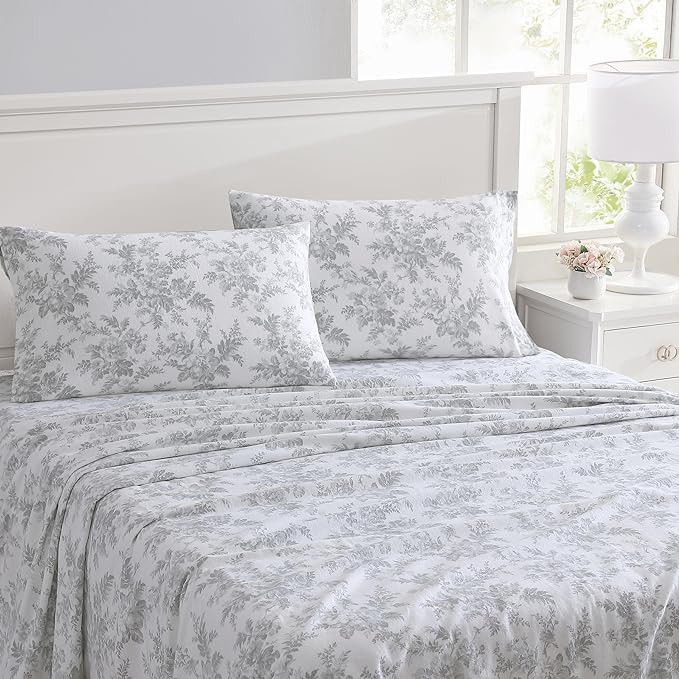 Laura Ashley - Flannel Sheets Full Size, Anti-Pilling & Wrinkle Resistant Cotton, Touchably Soft for All-Season Comfort - Bed Sheets with Matching Pillowcases & Fitted Sheet (Vanessa Grey)