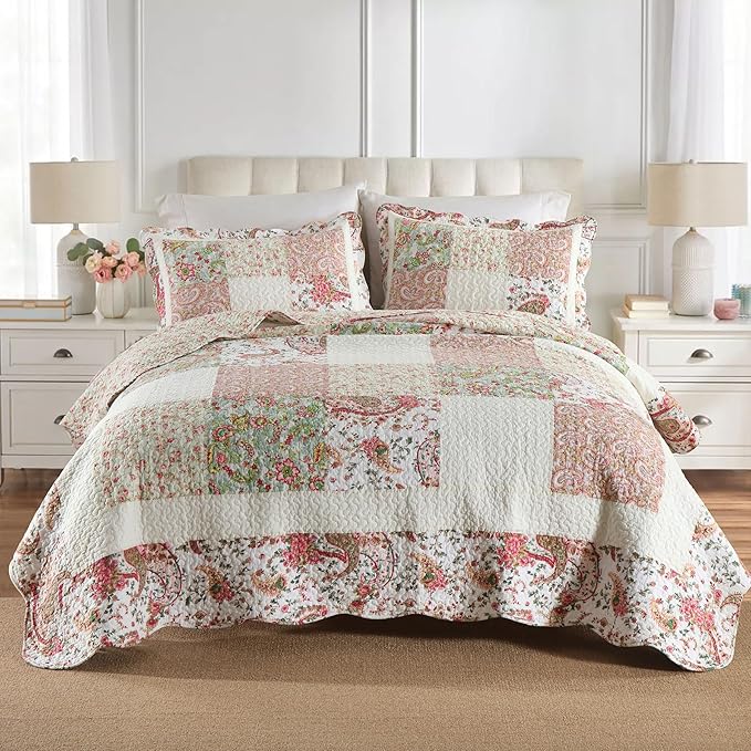 Secgo Queen Comforter Set for Bed - 100% Cotton Quilts Queen Size, Black Bedspreads (90 * 98 Inch) with 2 Pillow Shams, Patchwork Reversible Lightweight Bedding