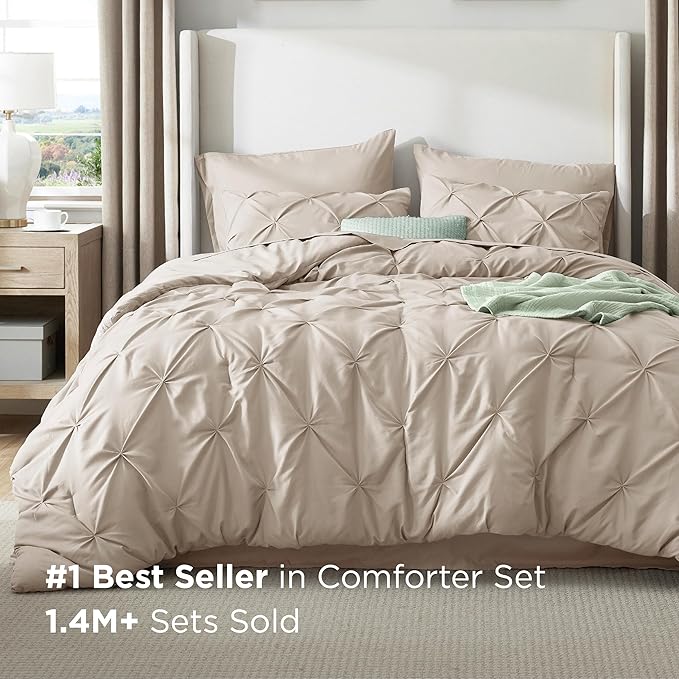 Bedsure King Size Comforter Set Beige - Bed in a Bag Bedding Set 7 Pieces, GentleSoft™ Pintuck Bed Set Gift for Family, Pinch Pleat Beige Comforter with Sheets, Pillowcases & Shams