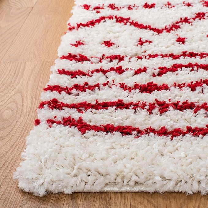 SAFAVIEH Arizona Shag Collection Area Rug - 6'7" Square, Ivory & Red, Moroccan Design, Non-Shedding & Easy Care, 1.6-inch Thick Ideal for High Traffic Areas in Living Room, Bedroom (ASG741P)