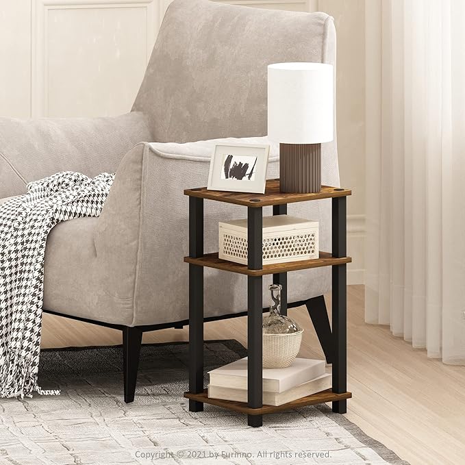 Furinno Just 3-Tier Turn-N-Tube End Table/Night Stand/Bedside Table, 1-Pack, Amber Pine/Black